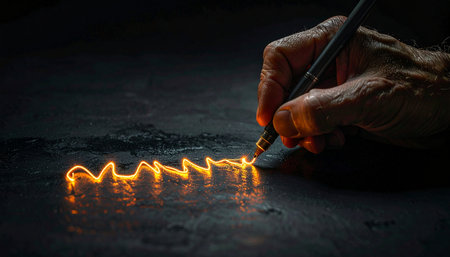 In the darkness, a hand wields a pen of pure light, scripting a fiery signature of innovation.の素材