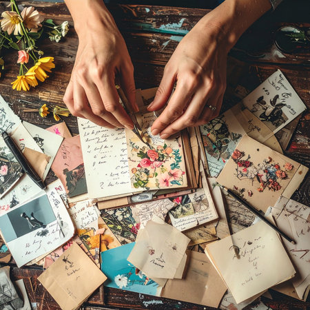 A pair of hands carefully arranges a collection of vintage postcards and handwritten letters on a rustic wooden table.の素材