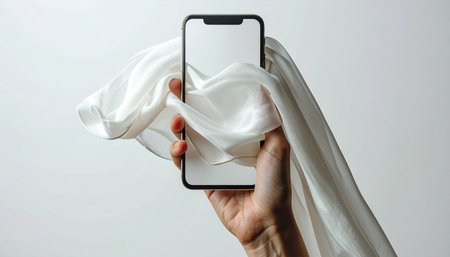 A hand carefully wipes a blank smartphone screen with a soft white cloth, symbolizing a fresh start, digital hygiene, or preparing a new device.の素材