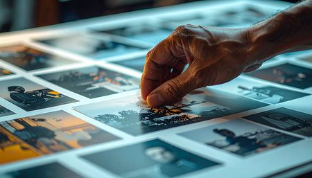 In the quiet focus of a dimly lit studio, a creative director meticulously reviews a contact sheet.の素材