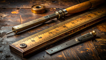 Lying on a weathered workbench, these vintage measuring tools tell a story of generations of skilled craftsmanship.の素材