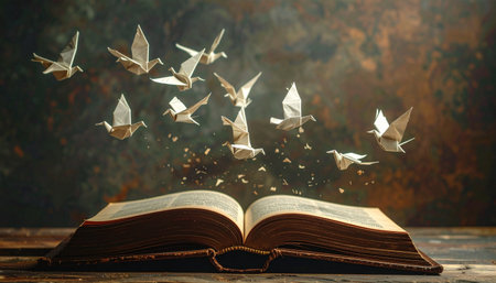 An old, open book rests on a wooden table, its pages releasing a flight of paper birds.の素材