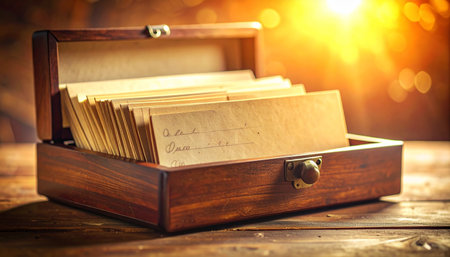 An old wooden box sits open on a rustic table, its contents bathed in the warm glow of a setting sun.の素材