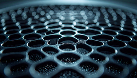 A macro perspective reveals the intricate and precise structure of a metallic honeycomb grid.の素材