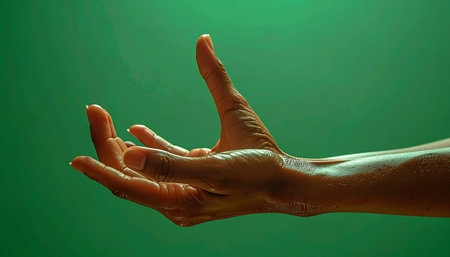 An elegantly posed hand emerges from a vibrant green background, illuminated by warm, dramatic light. The gesture is open and expressive, suggesting an act of offering, receiving, or creation.の素材