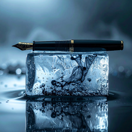 An elegant fountain pen rests on a block of ice, its ink bleeding into the frozen core.の素材