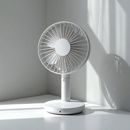 A sleek, white portable fan sits quietly in the corner of a sunlit room, its clean lines and minimalist design offering a silent promise of a cool, refreshing breeze.の素材