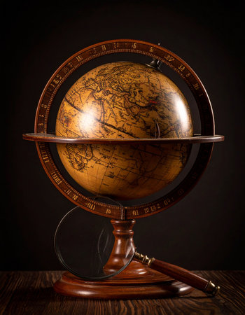 An antique world globe stands in a dimly lit room, its aged surface hinting at countless journeys and historical discoveries.の素材