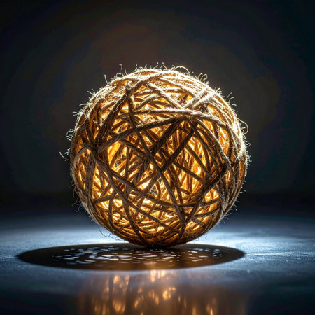 A single orb, intricately woven from natural twine, glows with a warm, internal light against a dark backdrop.の素材