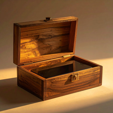 Bathed in the soft glow of warm light, an elegant wooden keepsake box sits open, its dark interior hinting at treasured memories and secrets held within.の素材