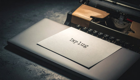 In a dimly lit room, the past and present collide as a vintage typewriter rests upon a sleek, modern laptop.の素材