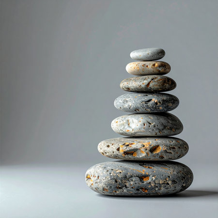 A tower of smooth, gray stones stands in perfect equilibrium against a neutral background.の素材