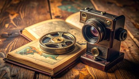 An antique camera and a reel of film rest upon an open explorer's journal, its pages filled with maps of forgotten lands.の素材