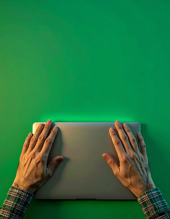 A top-down view captures the moment a person closes their laptop after a long day.の素材