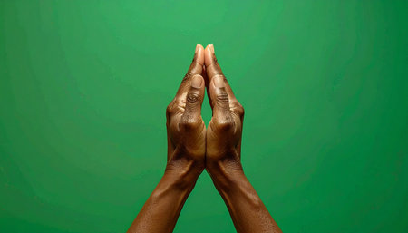 A close-up of two hands pressed together in a gesture of prayer, meditation, or deep gratitude.の素材