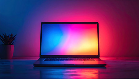 A modern laptop sits on a reflective desk, its screen glowing with a vibrant gradient that mirrors the ambient blue and magenta neon lights.の素材