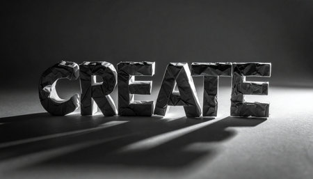 In a stark, black and white scene, the word 'CREATE' stands in bold relief, sculpted from a rough, textured material.の素材