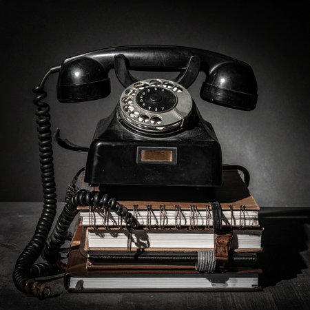 A classic black rotary telephone rests on a stack of worn journals, shrouded in dramatic, low-key lighting.の素材