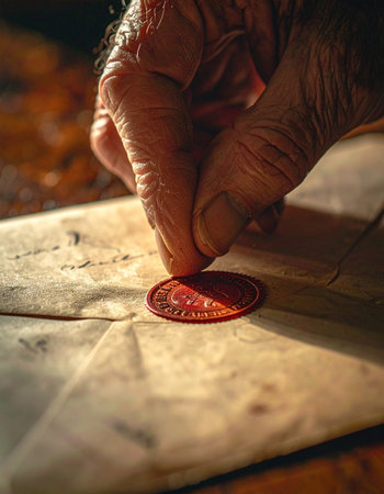 In a moment steeped in tradition, an aged hand carefully presses a crimson wax seal onto a weathered parchment.の素材
