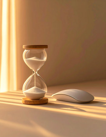 In the quiet warmth of the morning sun, an hourglass measures the precious moments slipping by. Beside it, a computer mouse rests, a symbol of modern productivity waiting for action.の素材