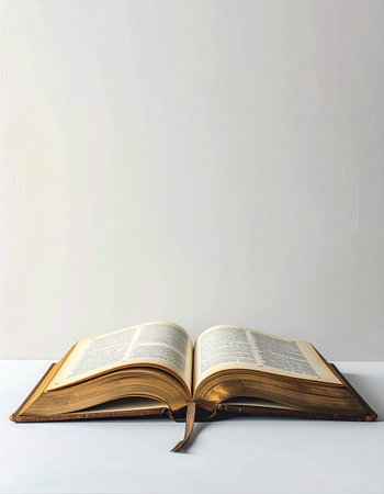 An antique book with gold-leaf pages lies open on a clean white surface, its bookmark resting between chapters.の素材