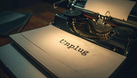 In a quiet, dimly lit room, a vintage typewriter holds a single, powerful message: 'Unplug'.の素材