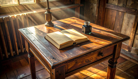 In a quiet, rustic room, golden sunlight streams through a window, illuminating an open book on a vintage writer's desk.の素材