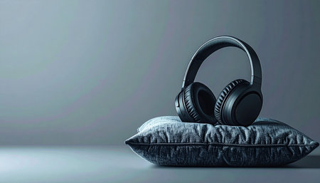 In the quiet of the evening, a pair of wireless headphones rests on a soft pillow, waiting to transport the listener to a world of calming music, an engaging podcast, or a soothing ASMR soundscape.の素材