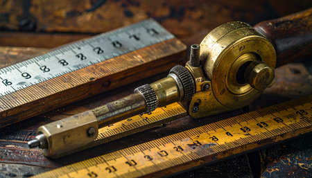 A collection of antique brass measuring instruments and worn wooden rulers rests on a rustic workbench.の素材