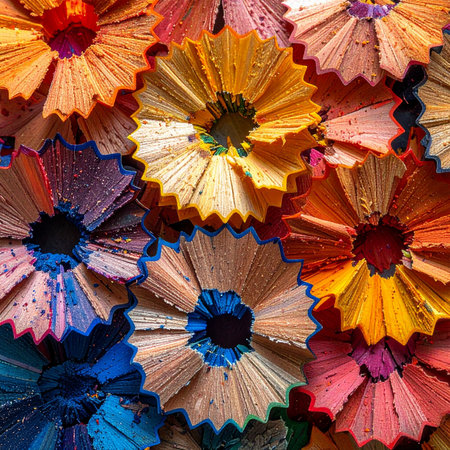 A macro photograph captures the unexpected beauty of colorful pencil shavings, meticulously arranged to resemble a field of abstract flowers.の素材