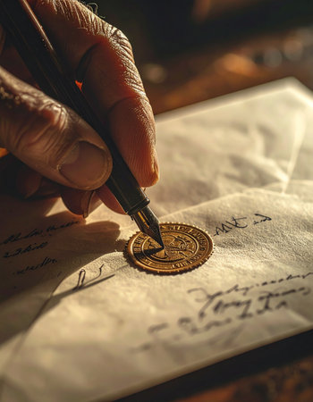 In the warm, atmospheric glow of a study, a hand carefully guides a fountain pen across aged parchment.の素材