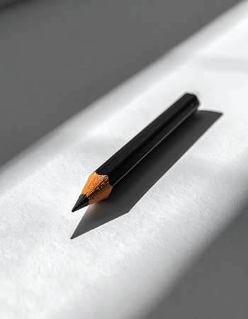 A single black pencil rests on a clean white surface, bathed in the stark light of the morning sun.の素材