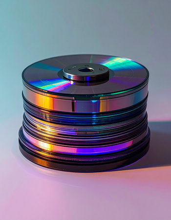 A stack of old CDs and DVDs glows with iridescent rainbow reflections under vibrant neon lighting.の素材