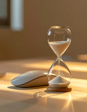 As the last grains of sand fall, marking the end of a focused work session, the warm afternoon sun casts a golden glow over the desk.の素材