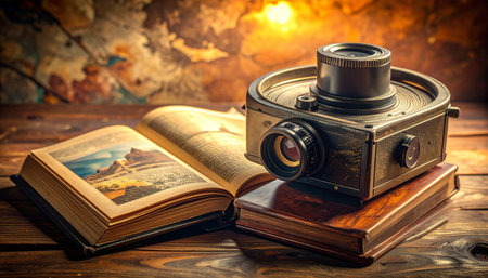 An antique camera rests upon a stack of leather-bound books, a silent witness to forgotten stories and captured moments.の素材