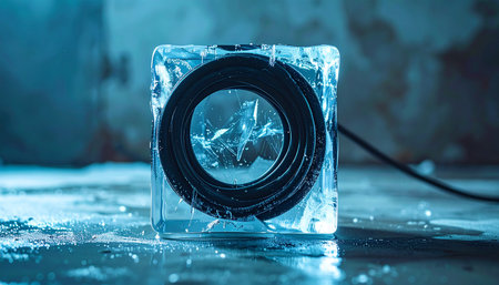A camera lens, a symbol of capturing moments, is itself captured and preserved within a solid block of ice.の素材