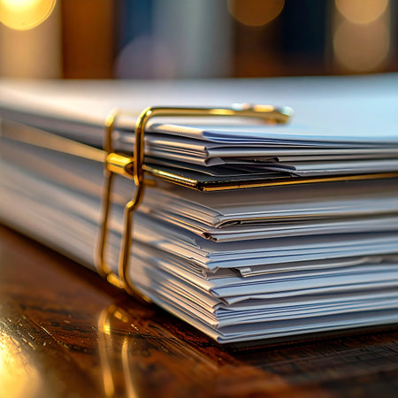 A substantial stack of important documents sits neatly on a polished wooden desk, held securely by a gleaming gold clamp.の素材