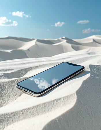 A modern smartphone lies on the untouched surface of a white desert, its screen a perfect reflection of the heavens above.の素材