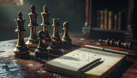 In the quiet solitude of a dimly lit study, the remnants of a hard-fought chess match rest beside a notebook filled with strategic calculations.の素材