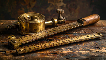 A collection of antique brass measuring instruments rests on a weathered wooden workbench.の素材