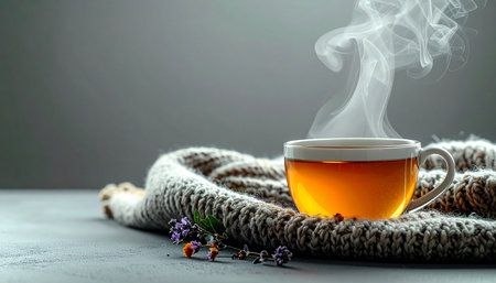 A steaming cup of hot tea rests on a soft, chunky-knit scarf, creating a perfect moment of cozy comfort.の素材