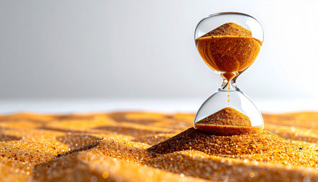 An elegant glass hourglass stands amidst a vast expanse of golden sand, its shadow stretching long as the last grains fall.の素材