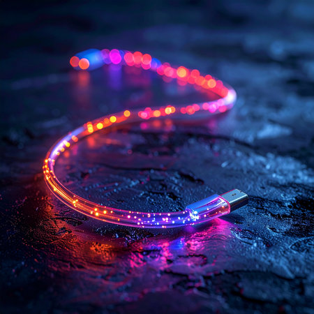 A vibrant, glowing USB cable pulses with colorful energy, its light reflecting on a dark, wet surface.の素材