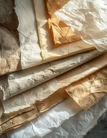 Sunlight streams across a collection of aged and crumpled papers, highlighting every delicate fold and wrinkle.の素材