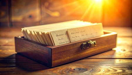 A classic wooden card catalog box sits on a rustic table, bathed in the warm, golden glow of morning sunlight.の素材