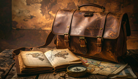 An old leather satchel rests on a rustic wooden desk, ready for a new expedition. Beside it, an ancient book and weathered maps lie open, charting a course into the unknown.の素材