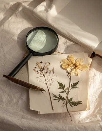 A quiet moment of botanical research unfolds in this vintage-inspired flat lay.の素材