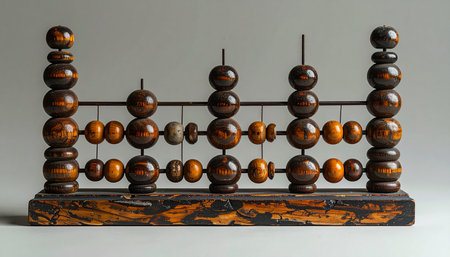 An ancient wooden abacus stands as a testament to early mathematics and commerce.の素材