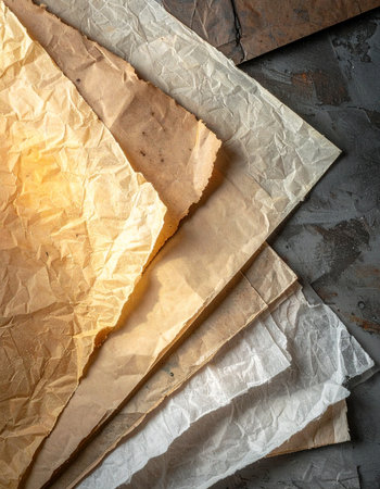 Layers of aged and crumpled paper, stained by time, rest upon a dark surface.の素材