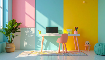 Sunlight streams into a vibrant and creative home office, illuminating a modern desk and laptop.の素材